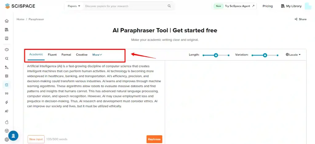 SciSpace Paraphraser - Choose Your Tone and Language