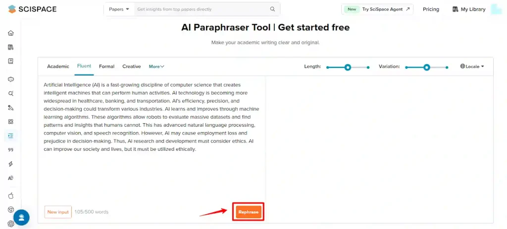 SciSpace Paraphraser - Hit ‘Paraphrase’ and Review the Output