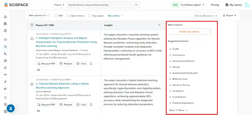 SciSpace - Use AI Columns to Compare Papers